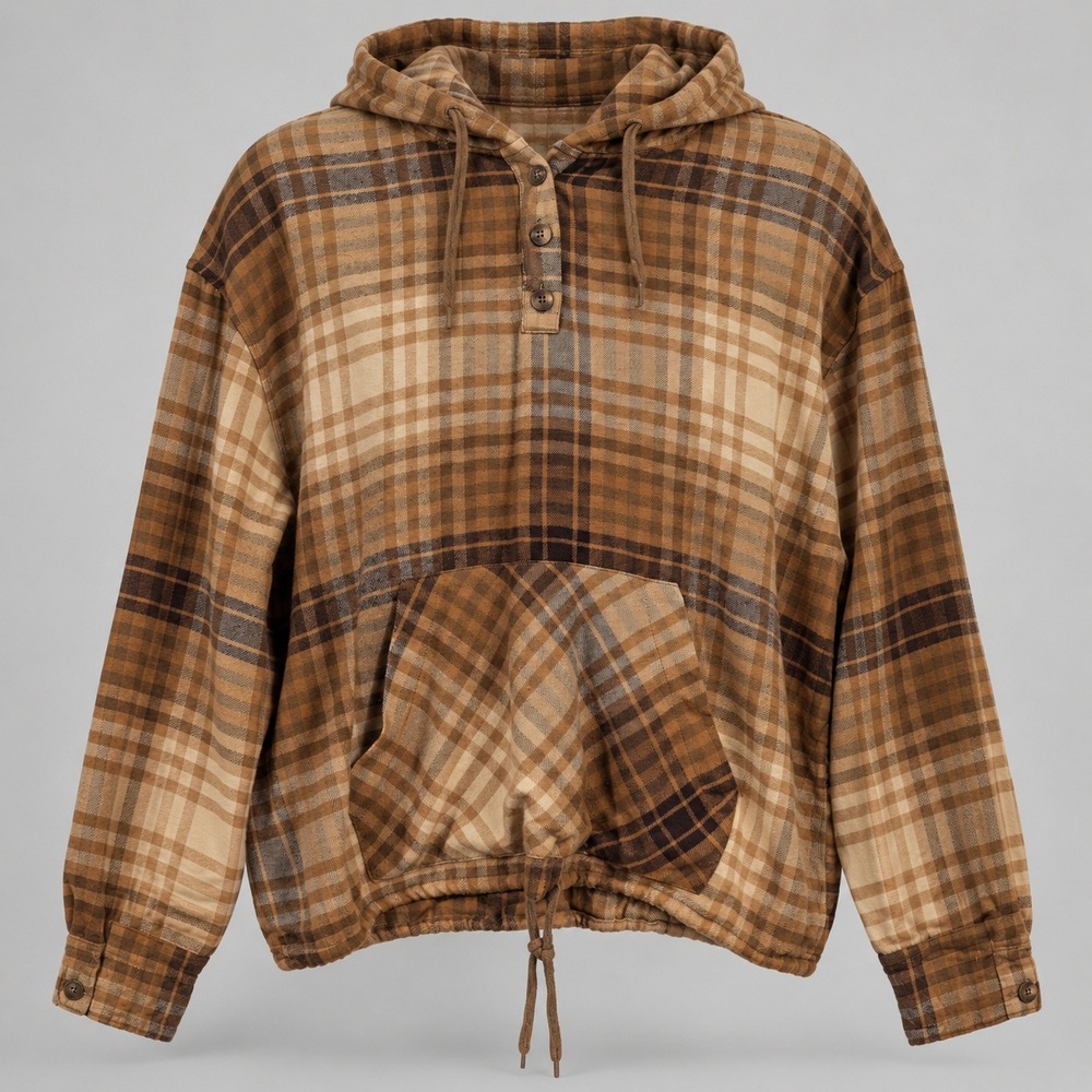 Urban Outfitters Plaid Hoodie Small Brown Tan Flannel Drawstring Gorpcore Top